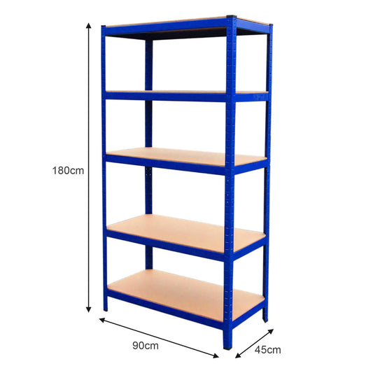 Blue metal shelving unit with dimensions on a white background